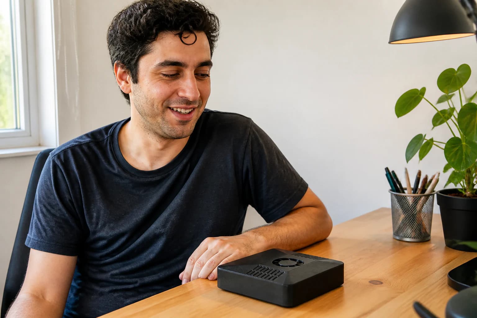 A HermesBox owner at their desk, one hand resting on the box