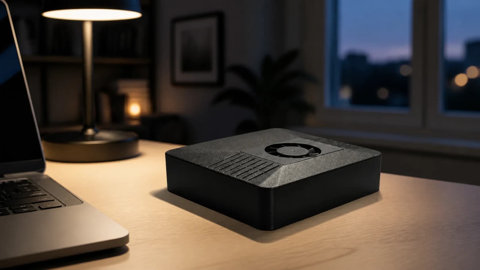 A HermesBox on a desk at dusk, beside a closed laptop